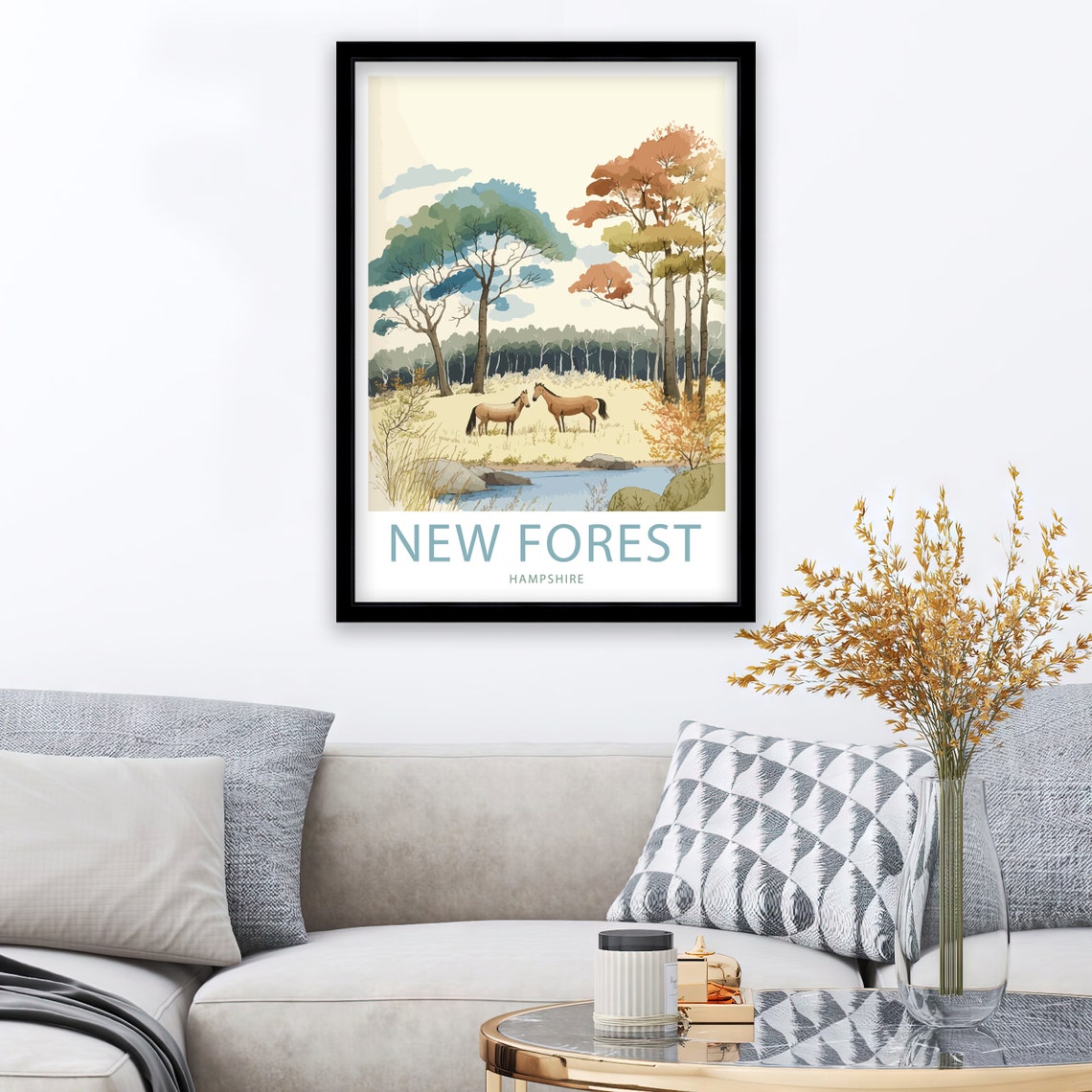 New Forest Hampshire Autumn Ponies By The Stream Watercolor Poster - Image 3