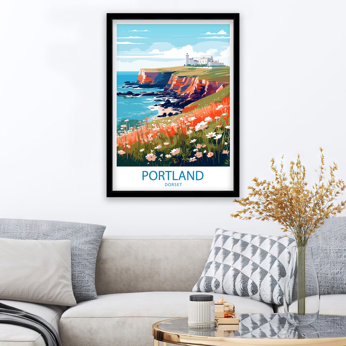 Portland Dorset Cliff Top Lighthouse Wildflower Coast Travel Poster - Image 2