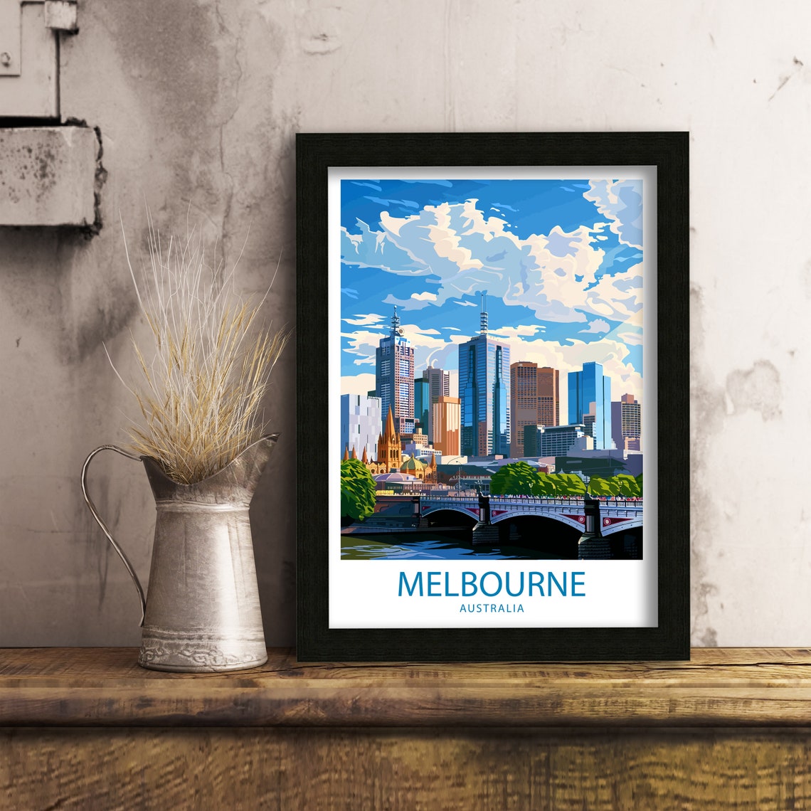Melbourne Australia City Skyline Over the Yarra River Art Poster - Image 3