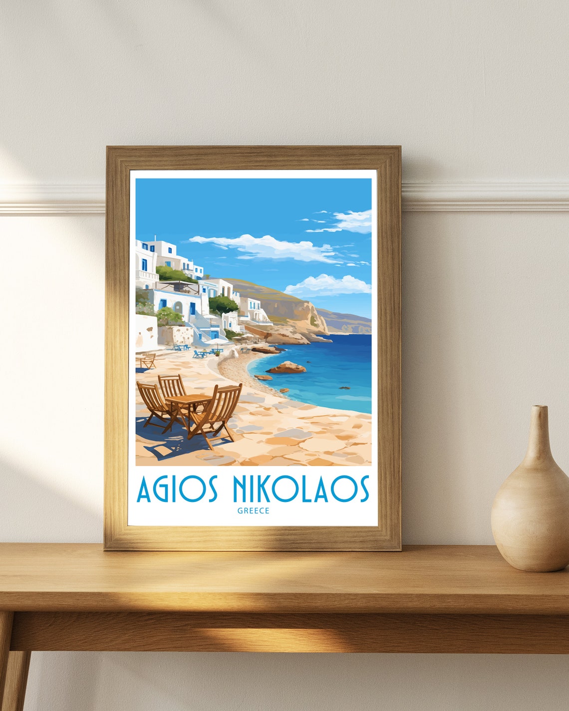 Agios Nikolaos Greece Sunny Beach Taverna Hillside Travel Poster - Image 4