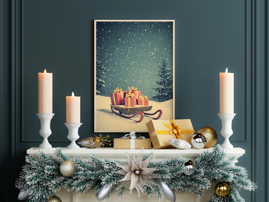 Antique Wooden Sleigh Red Gifts Snowfall Christmas Night Poster - Image 6