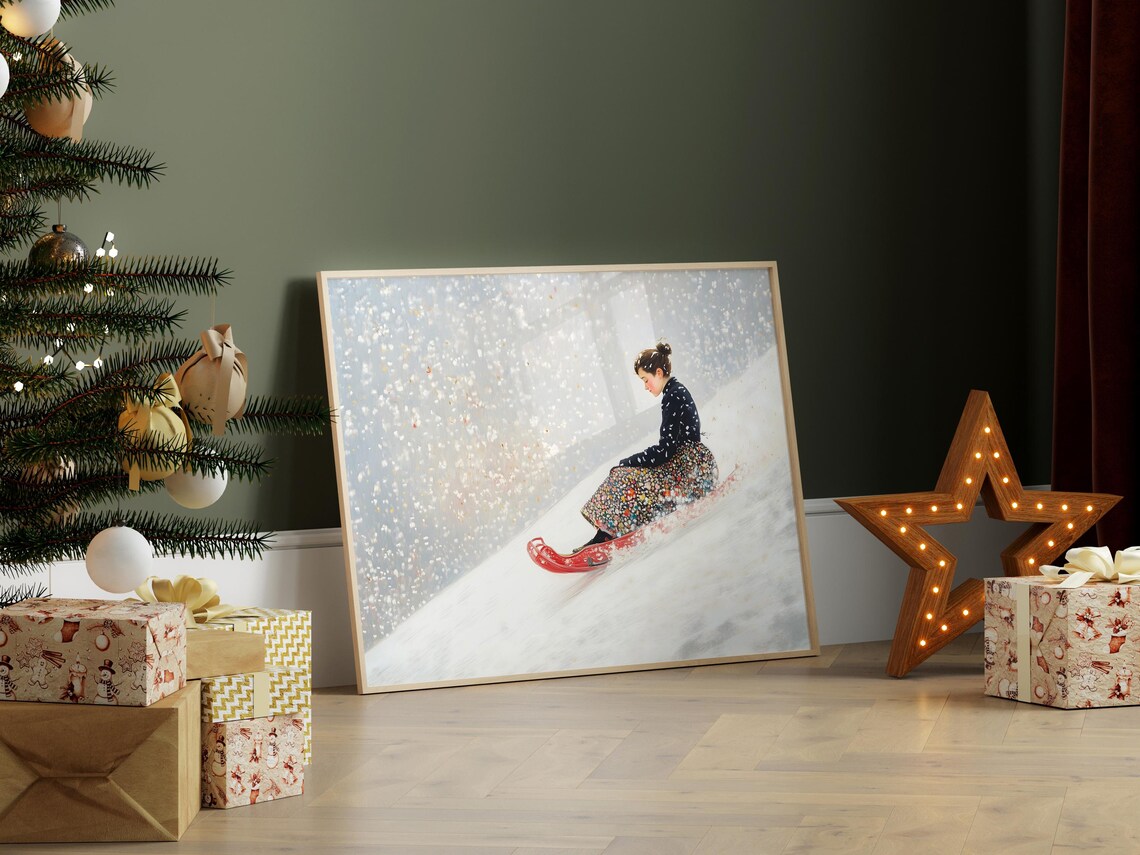 Woman Riding Red Toboggan Sled In Falling Snow Winter Art Poster - Image 5