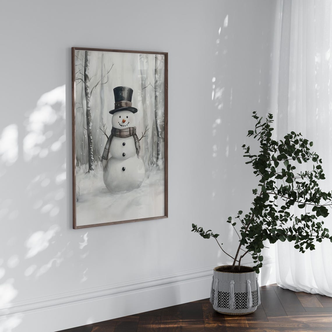 Snowman In Birch Forest Winter Watercolor Holiday Art Poster - Image 2