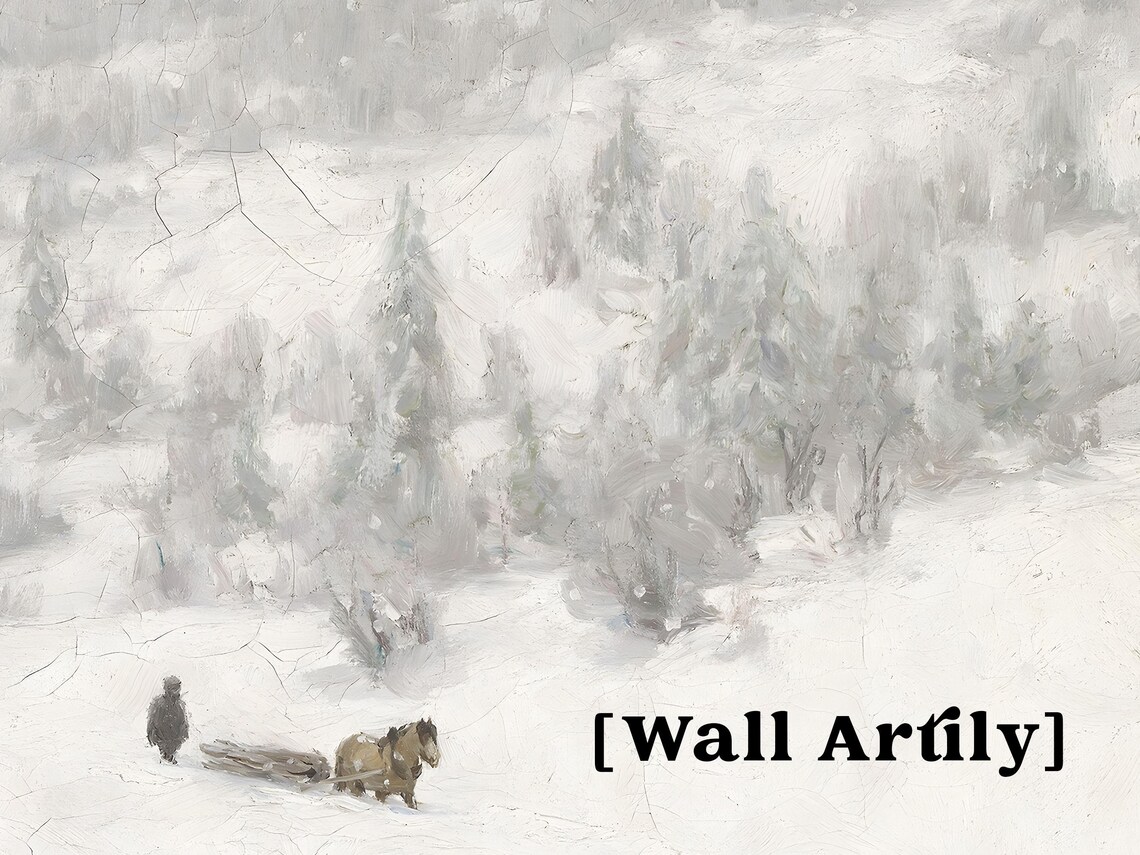 Antique Winter Valley Horse Sled Snowy Landscape Oil Painting Poster - Image 6