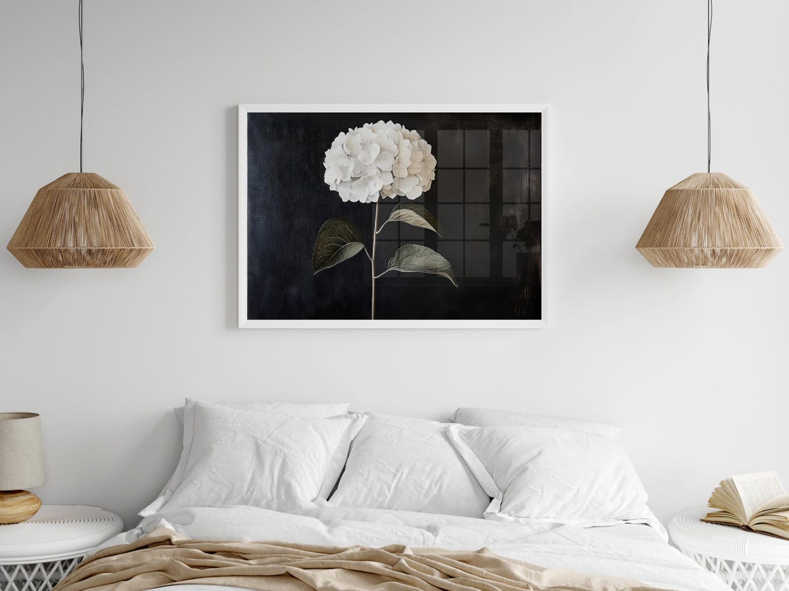 White Hydrangea Moody Dark Background Floral Botanical Poster - Image 2