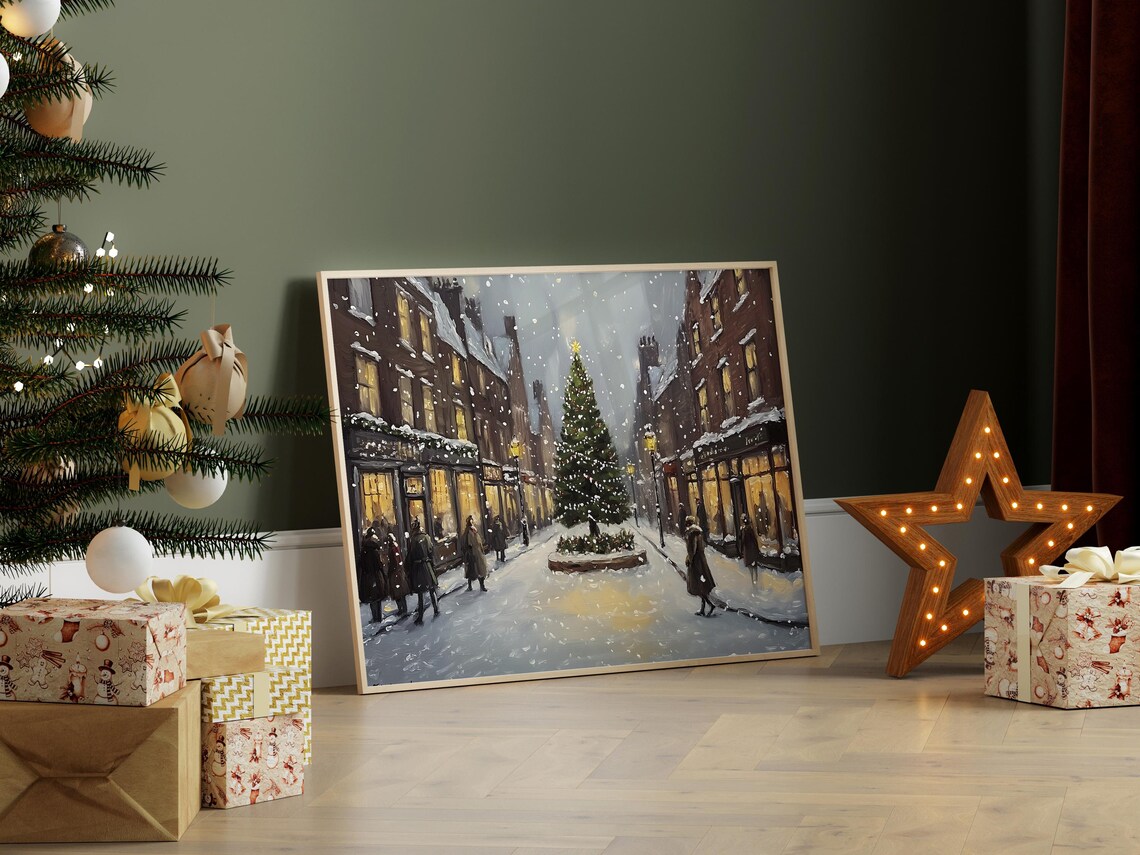 Snowy Old Town Street Christmas Tree Night Lamp Vintage Art Poster - Image 7