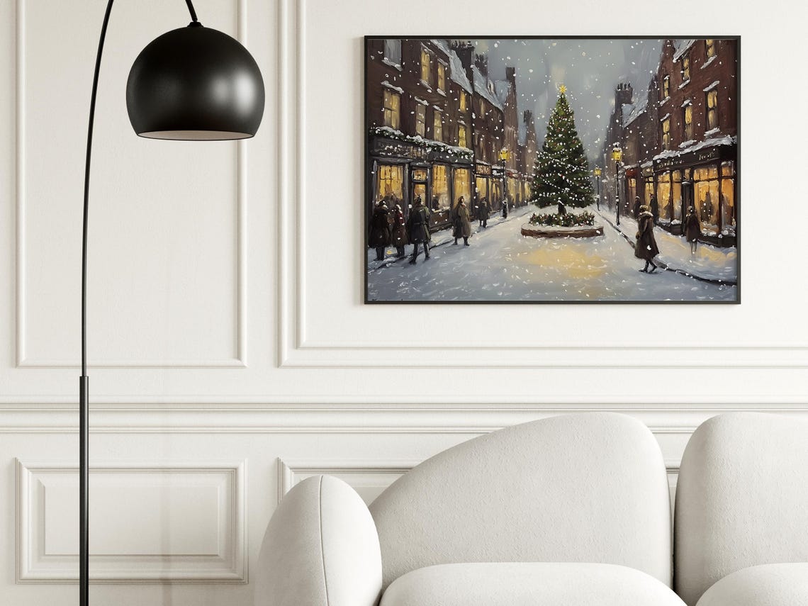 Snowy Old Town Street Christmas Tree Night Lamp Vintage Art Poster - Image 6