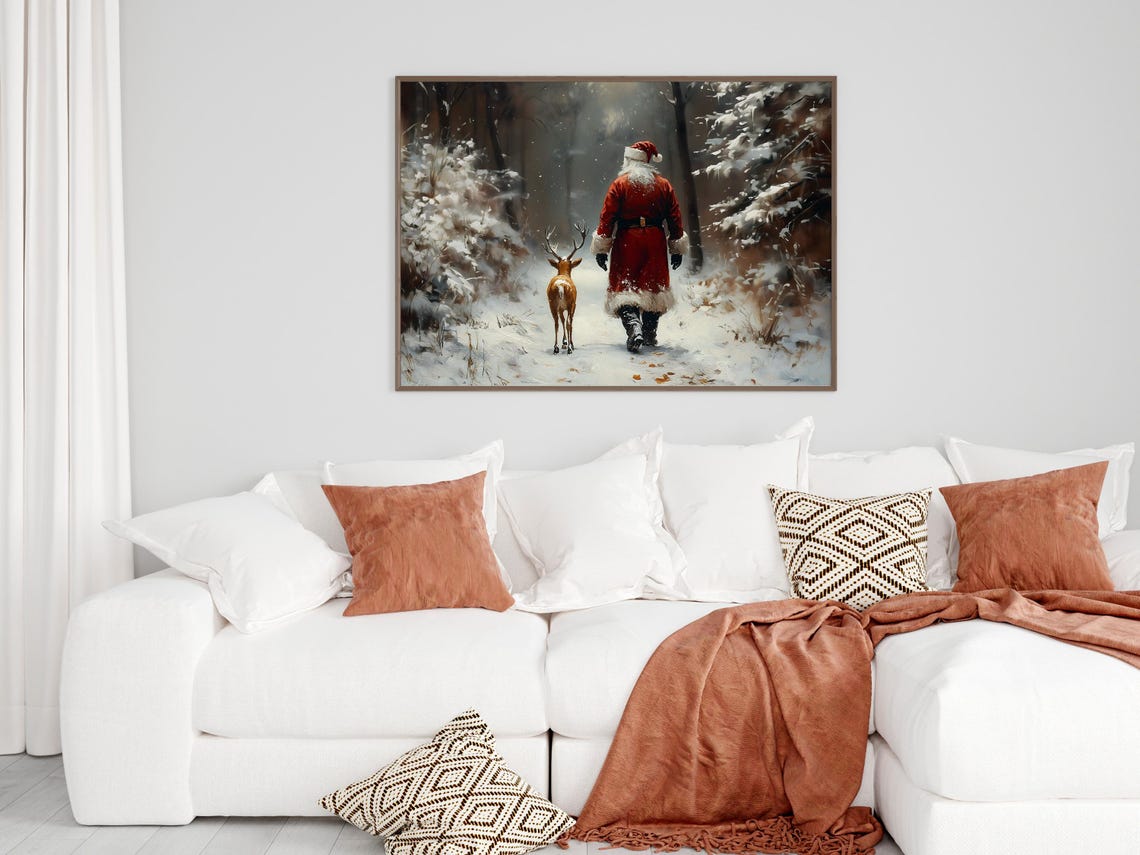 Santa Claus And Reindeer Walking Away Into Snowy Woods Poster - Image 6