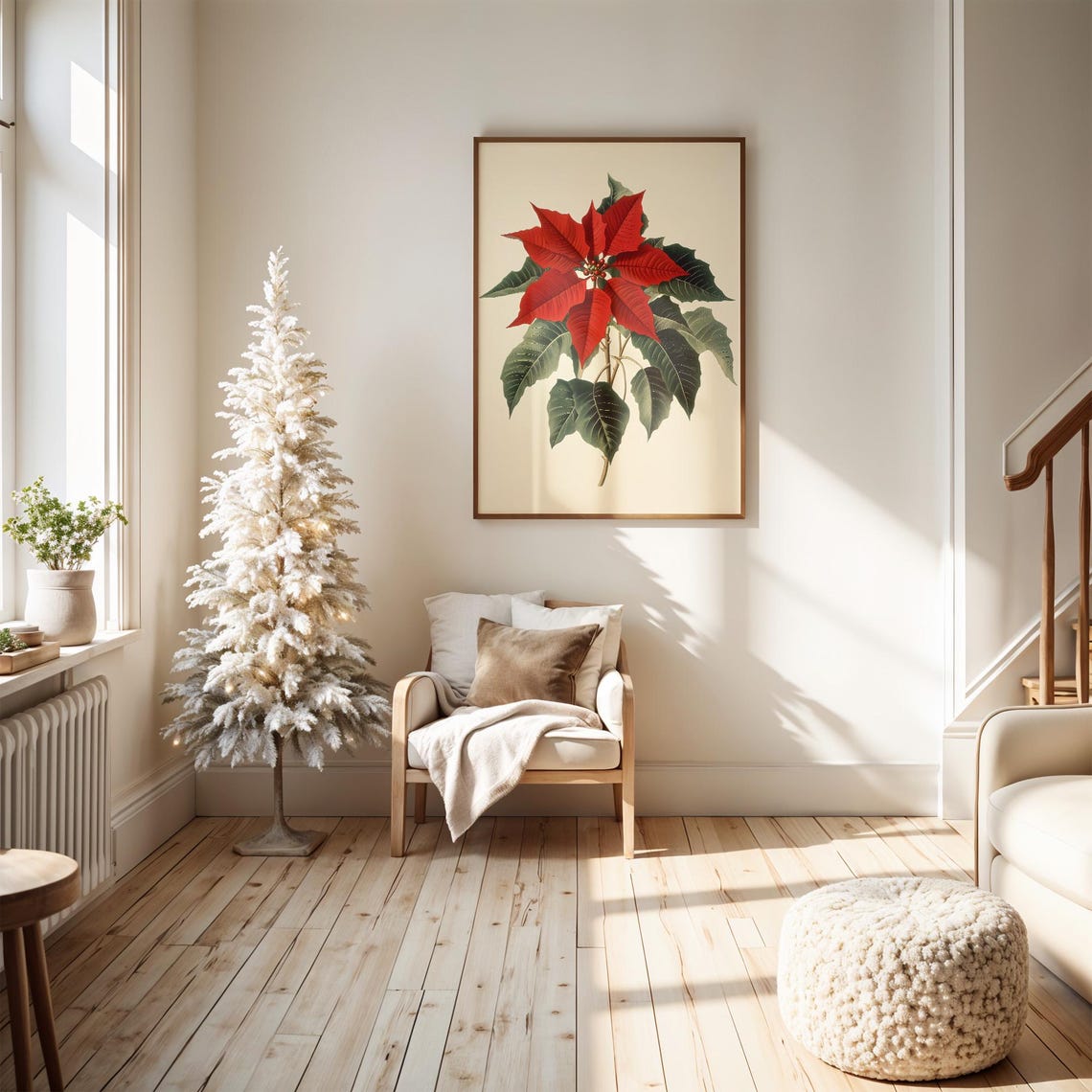 Vintage Red Poinsettia Christmas Holiday Botanical Art Print - Image 5