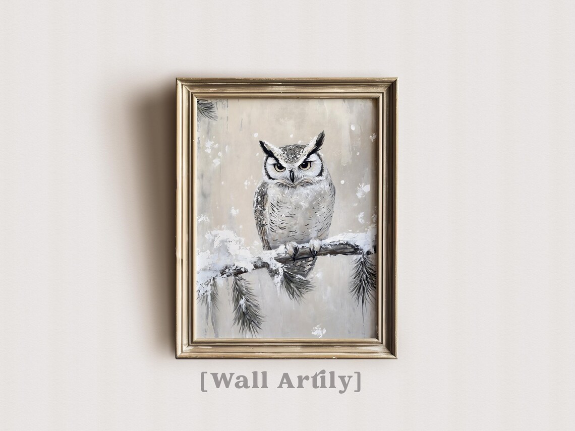 Great Horned Owl Snowy Pine Branch Winter Bird Portrait Poster - Image 6
