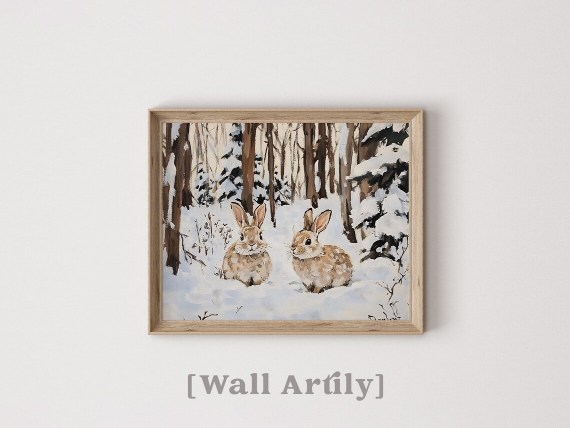 Snowy Forest Bunnies Winter Woodland Oil Painting Animal Poster - Image 4