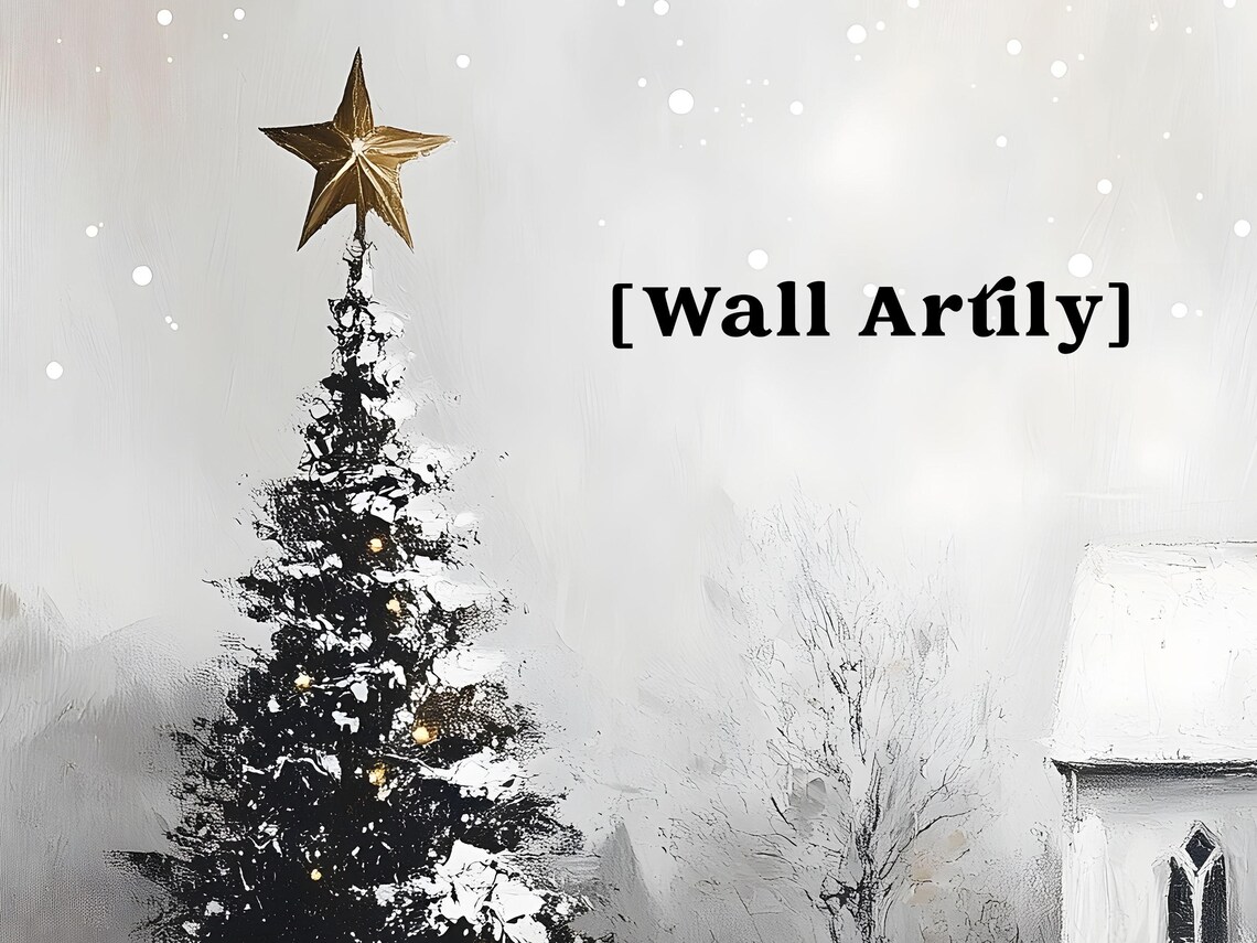 Vintage Snowy White Church And Christmas Tree Winter Painting Poster - Image 2