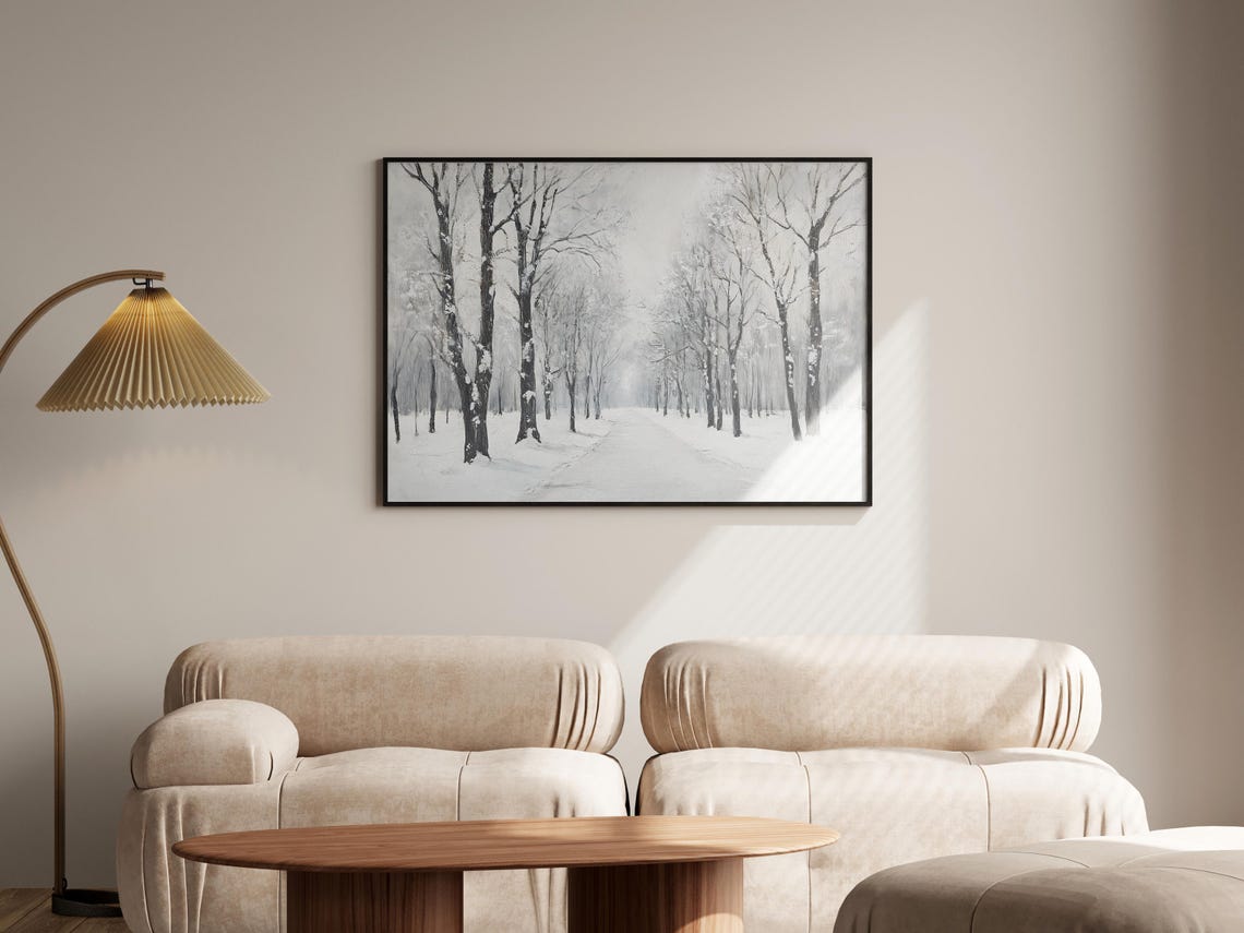 Snowy Bare Trees Lining A Misty Winter Path Monochrome Poster - Image 2