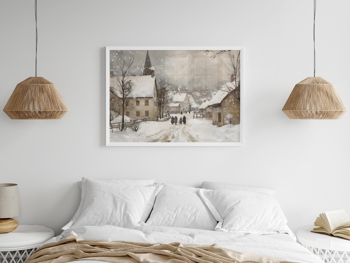 Snowy Church Village With Villagers Walking In Falling Snow Poster - Image 6