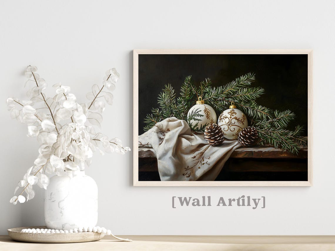 Moody Christmas Still Life With White Baubles And Pinecones Poster - Image 5