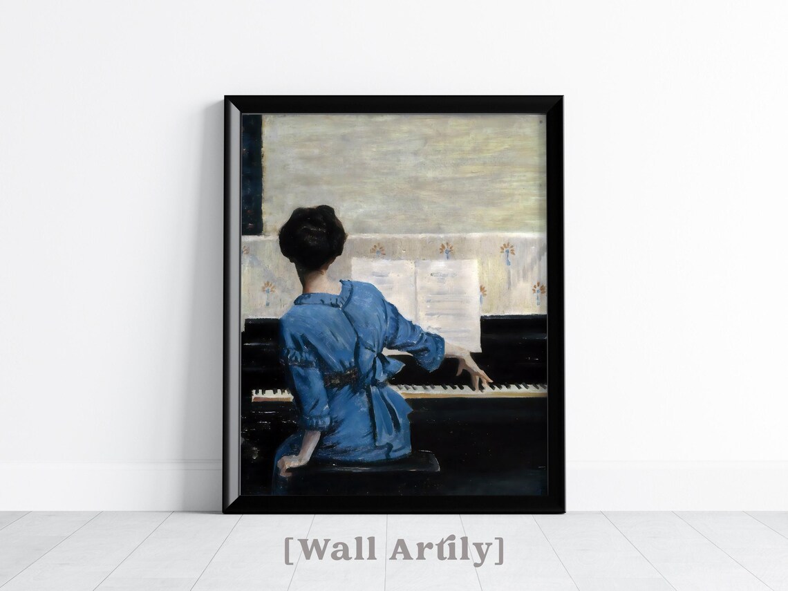 Woman Playing Piano Blue Dress Vintage Music Room Art Poster - Image 2