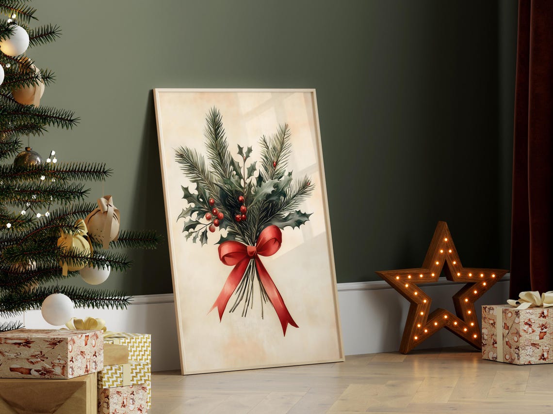 Vintage Pine And Holly Christmas Bouquet With Red Ribbon Bow Poster - Image 6