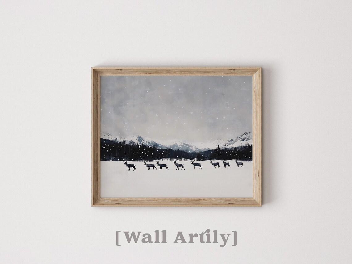 Reindeer Herd Crossing Snowy Plain Mountain Winter Wildlife Poster - Image 4
