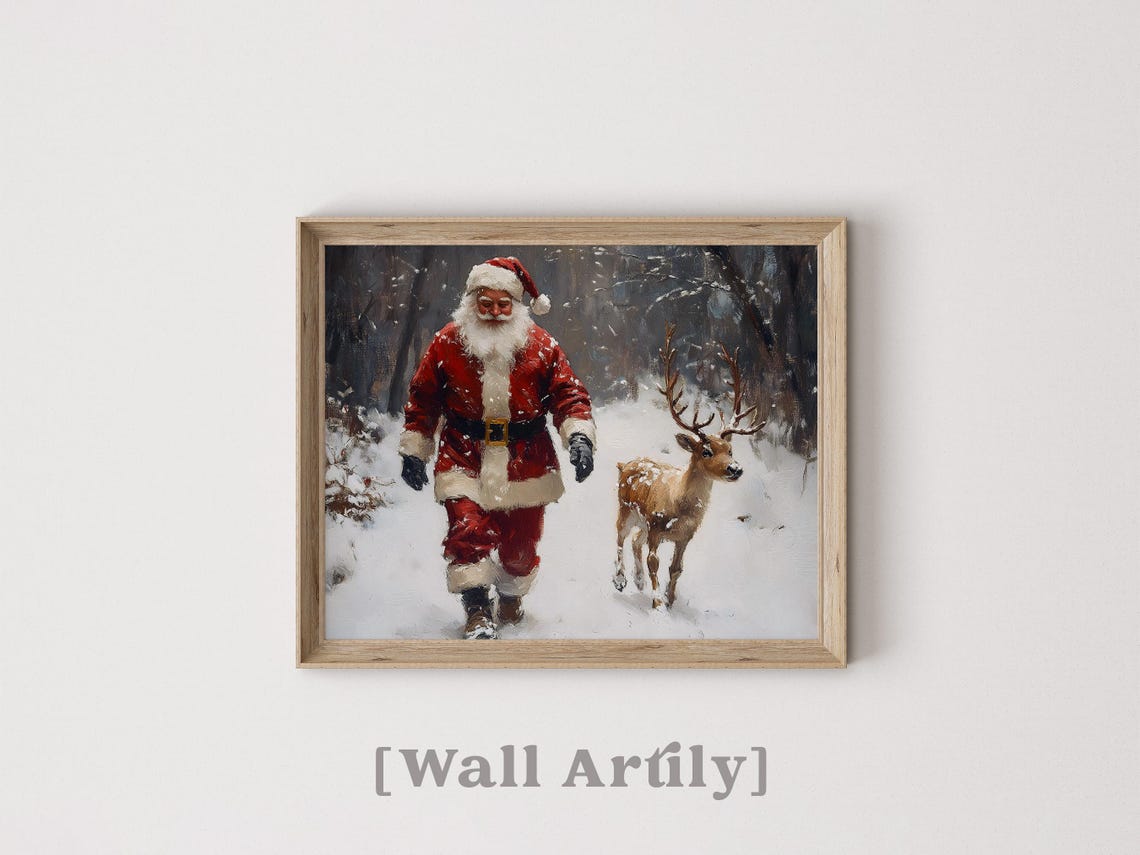 Santa Claus Walking With Reindeer Snowy Forest Christmas Poster - Image 4