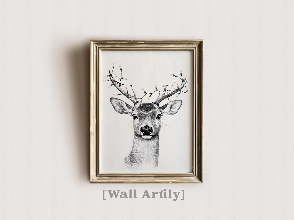 Reindeer Portrait With Fairy Lights On Antlers Ink Drawing Poster - Image 2