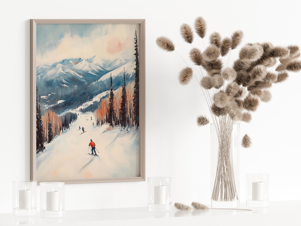Vintage Ski Slope Mountain Winter Skiers Landscape Art Poster - Image 3
