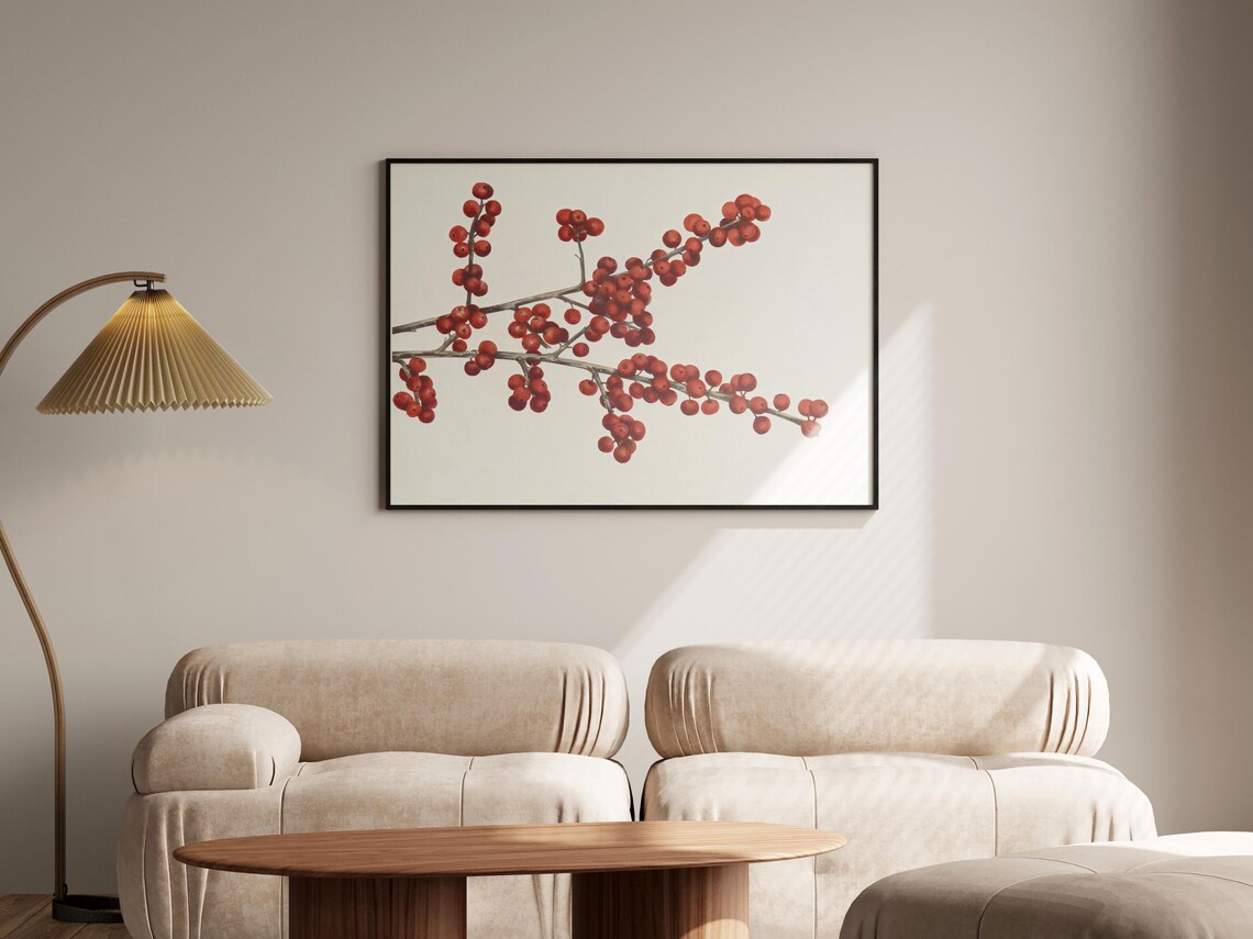 Red Winter Berry Branch Botanical Watercolor Holiday Art Poster - Image 5
