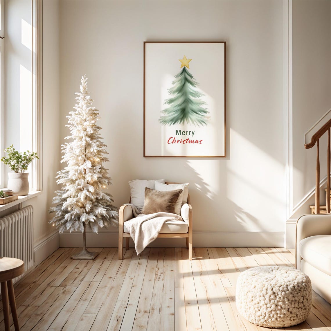Watercolor Christmas Tree with Glowing Golden Star Minimalist Poster - Image 3