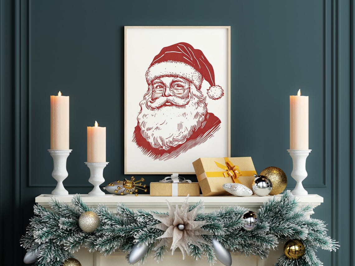 Vintage Red Line Art Santa Claus Portrait With Glasses Poster - Image 7