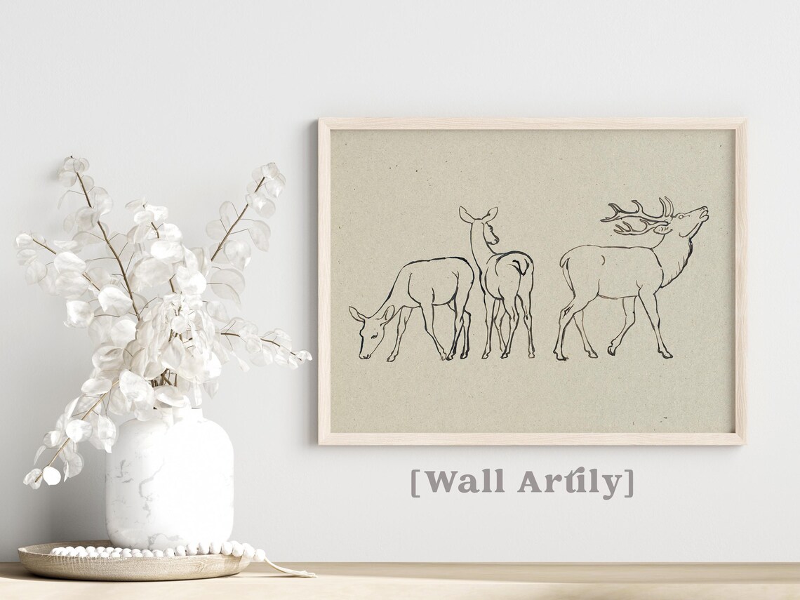 Deer Stag And Does Minimalist Line Drawing Rustic Animal Poster - Image 4