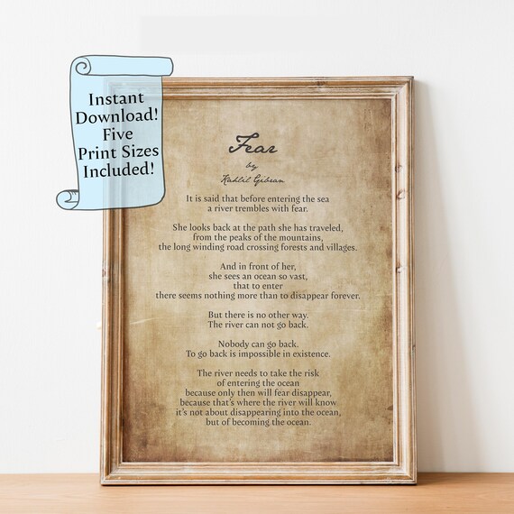 Kahlil Gibran Fear Poem on Antique Paper Literary Decor Poster