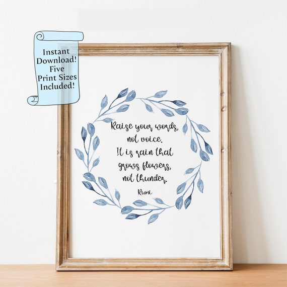 Rumi Quote Wall Art Raise Your Words Not Voice Poetry Print Watercolor Wreath Inspirational Decor