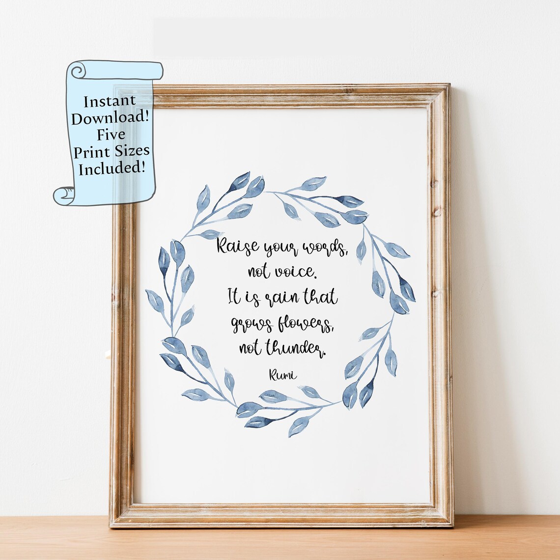Rumi Raise Your Words Not Voice Quote With Watercolor Wreath Poster