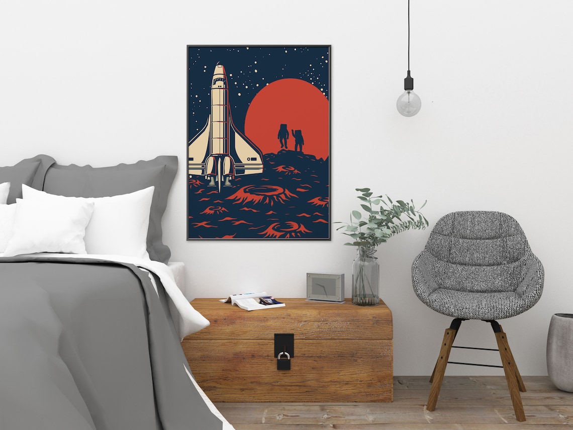 Retro Space Shuttle Astronaut Moon Landing Poster