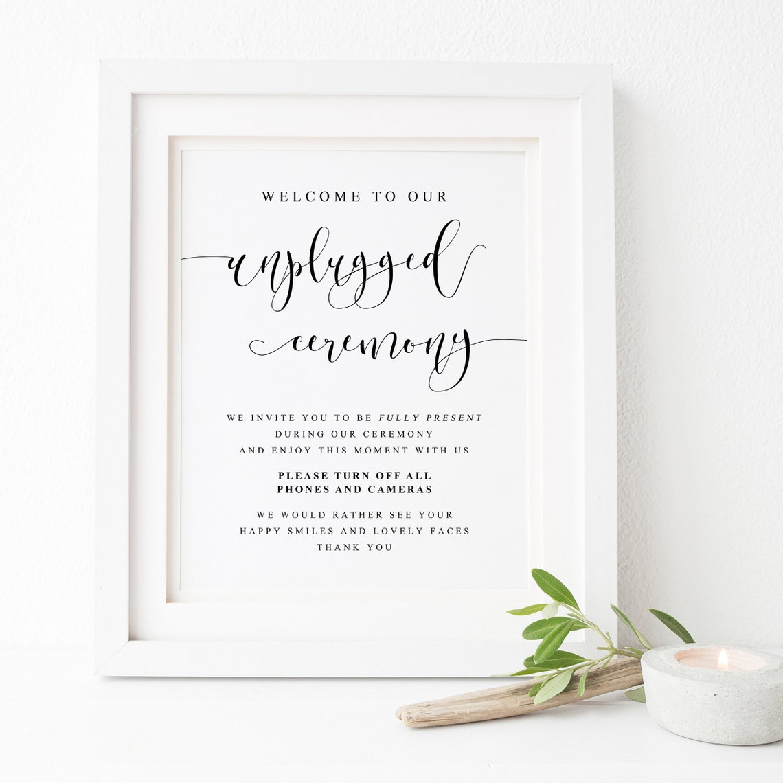 Unplugged Ceremony Wedding Sign Minimalist Black White Script Poster