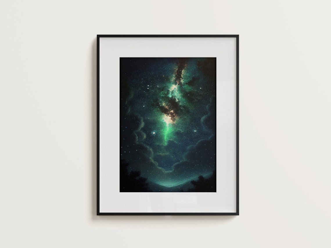 Emerald Green Milky Way Galaxy Night Sky Over Dark Forest Poster - Image 3