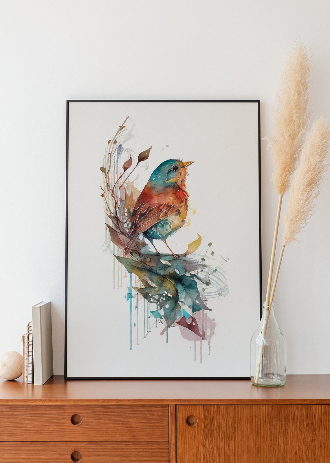 Colorful Teal and Red Songbird on Blossom Branch Watercolor Poster