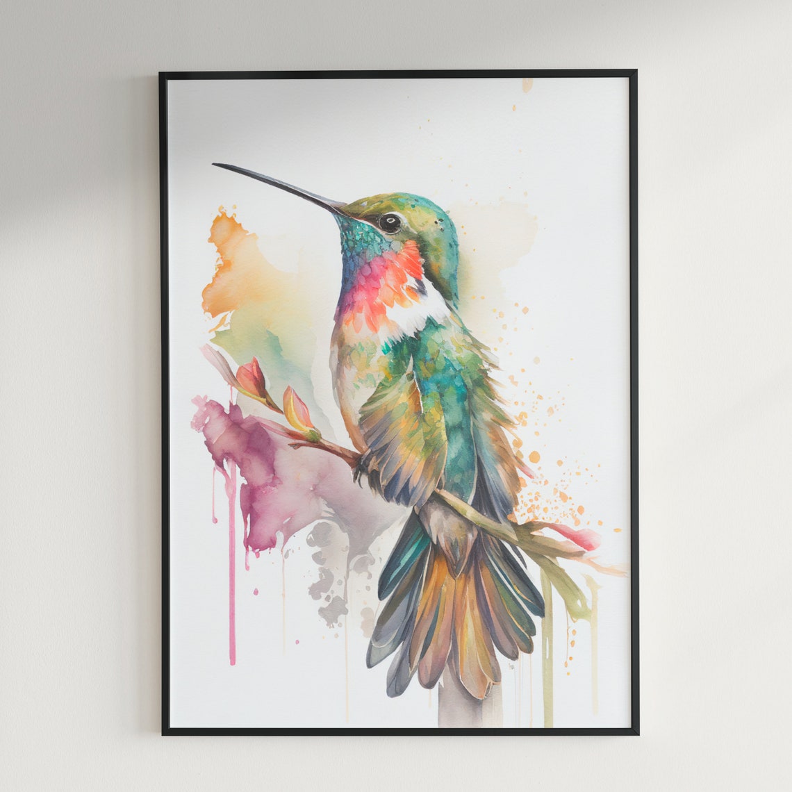 Ruby Throated Hummingbird on Blossoming Branch Watercolor Poster - Image 2