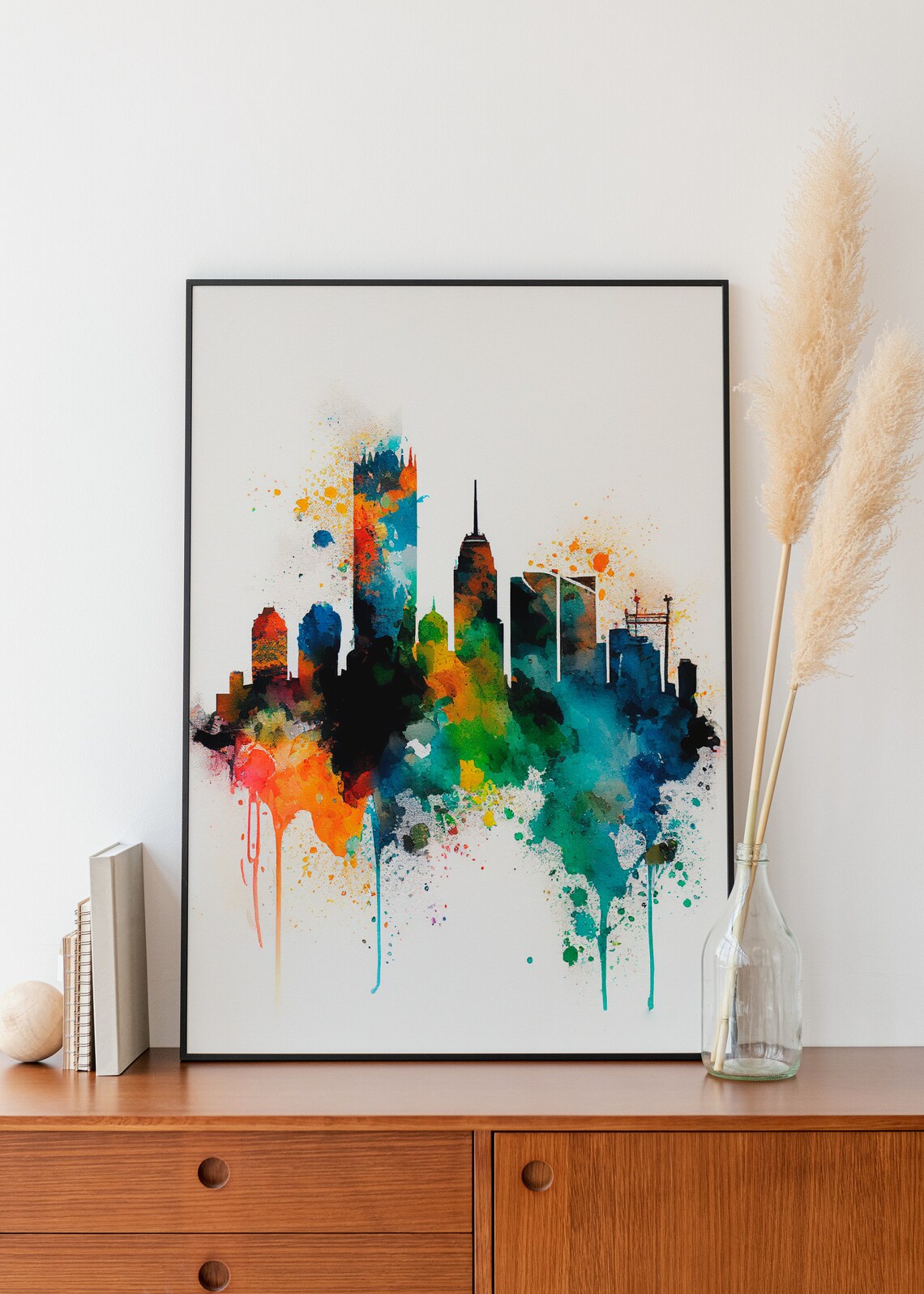 Modern City Skyscrapers Colorful Watercolor Skyline Art Poster