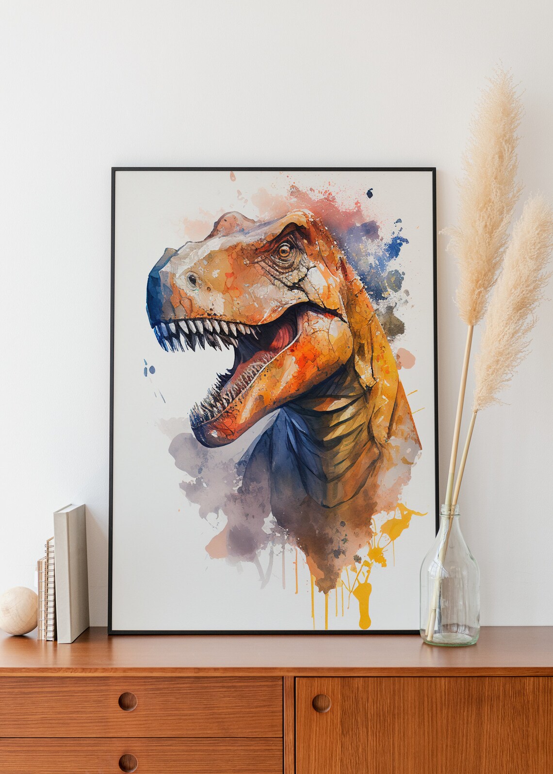 Orange Tyrannosaurus Rex Watercolor Fierce Dinosaur Head Poster