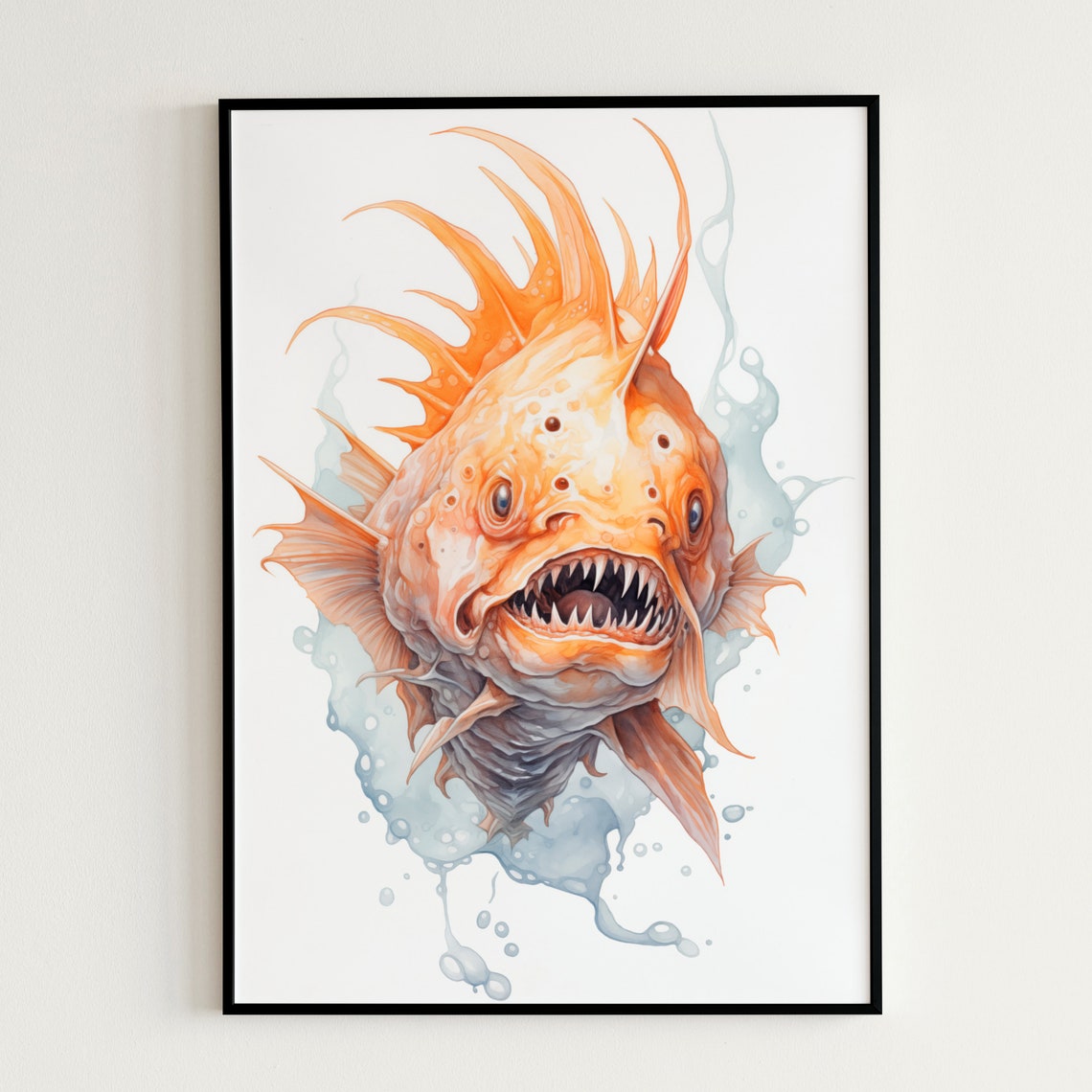 Fierce Angry Orange Monster Fish Sharp Teeth Watercolor Wall Art