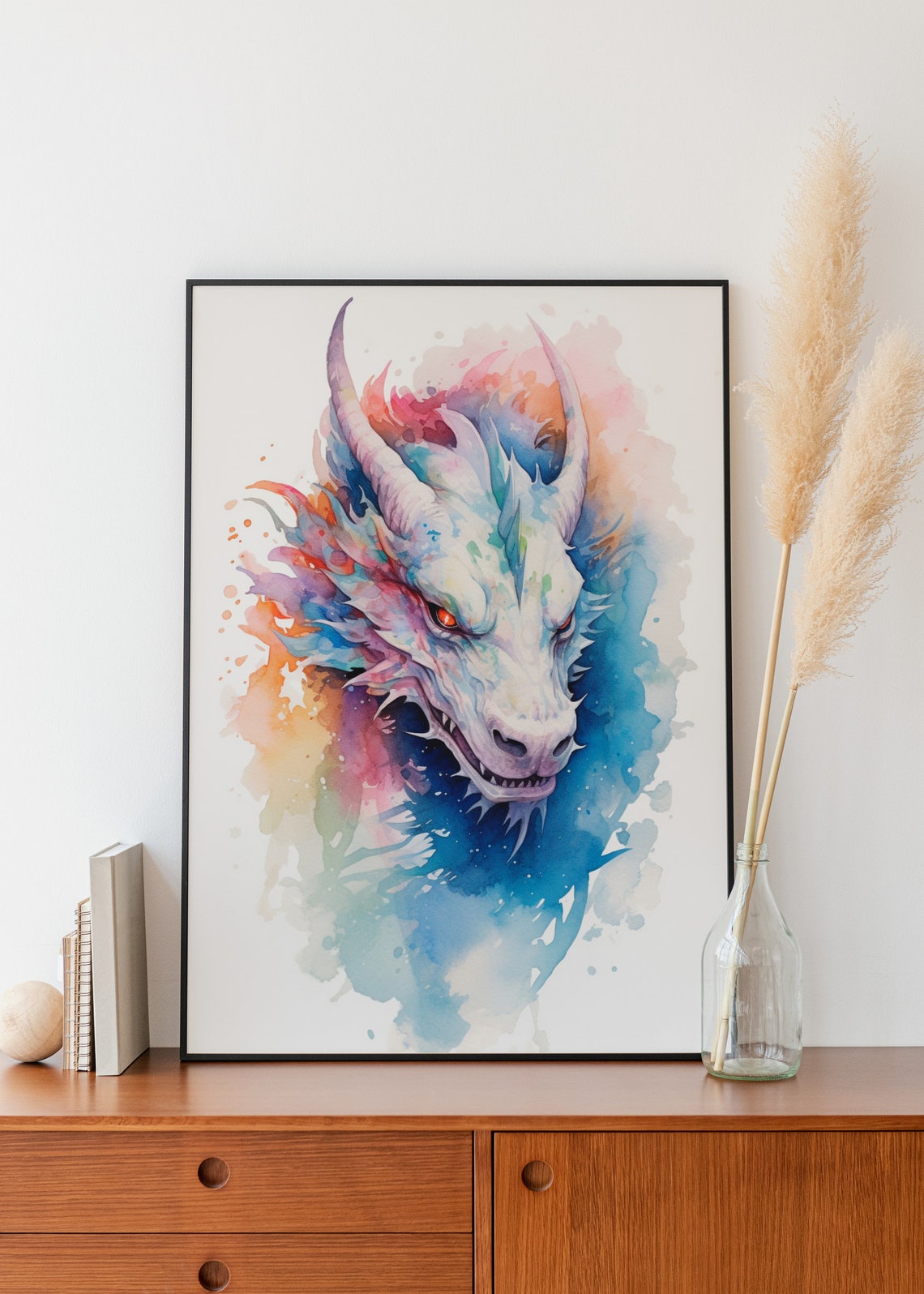 Fierce White Dragon Head Rainbow Watercolor Fantasy Mythical Poster