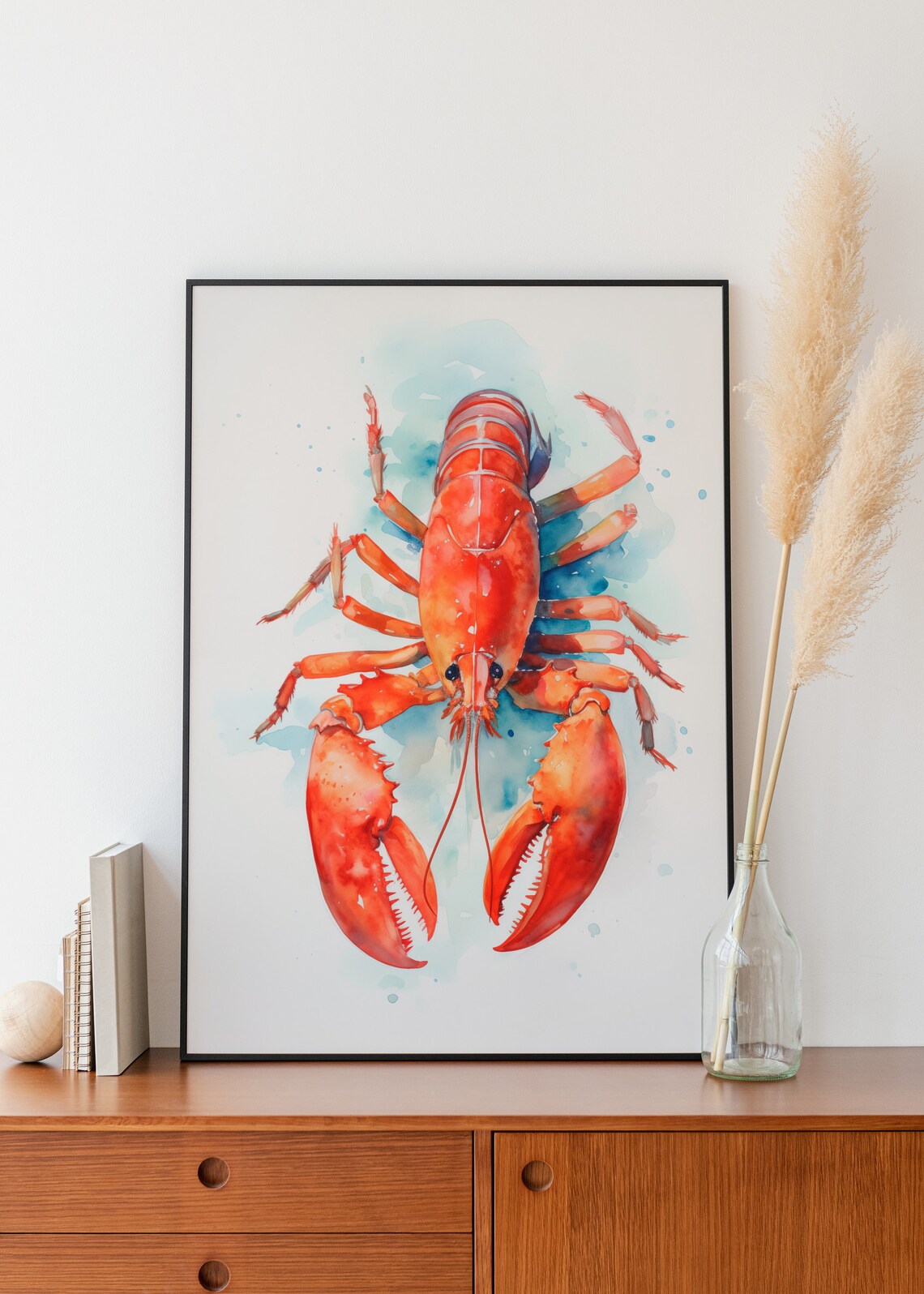 Bright Red Lobster Watercolor Coastal Seafood Kitchen Wall Art - Image 3