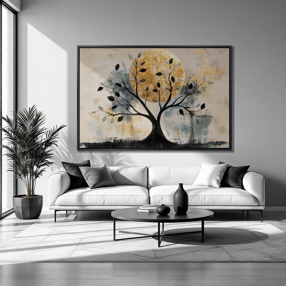Majestic Black Tree Framed Print Golden Moon Luxury Art Abstract Landscape Painting Print Nature Wall Decor Ready To Hang