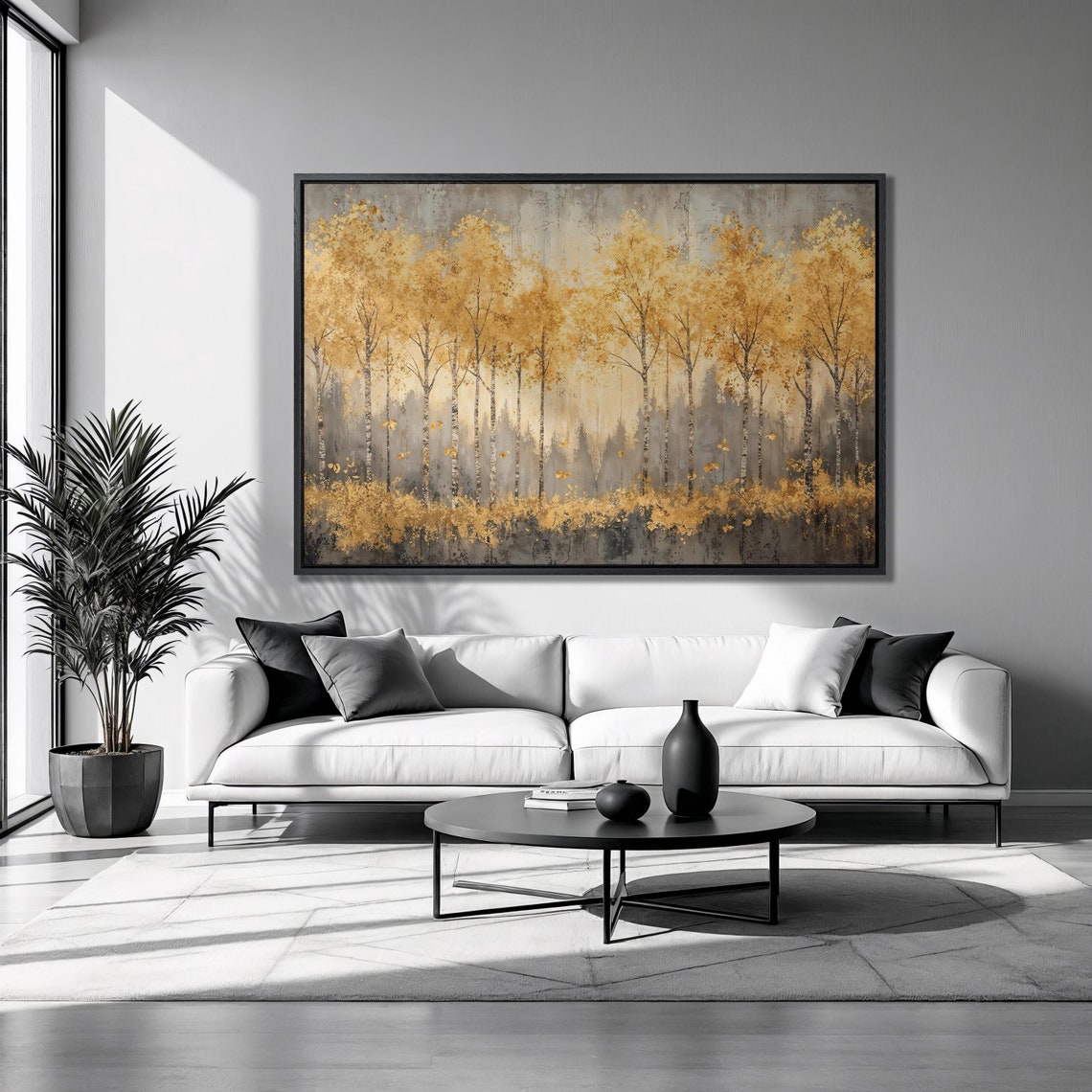 Misty Golden Forest Tall Birch Trees Autumn Morning Landscape Poster