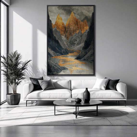 Gray And Gold Mountain Peaks Framed Print Abstract Nature Luxury Art Golden River Painting Print Modern Decor Ready To Hang