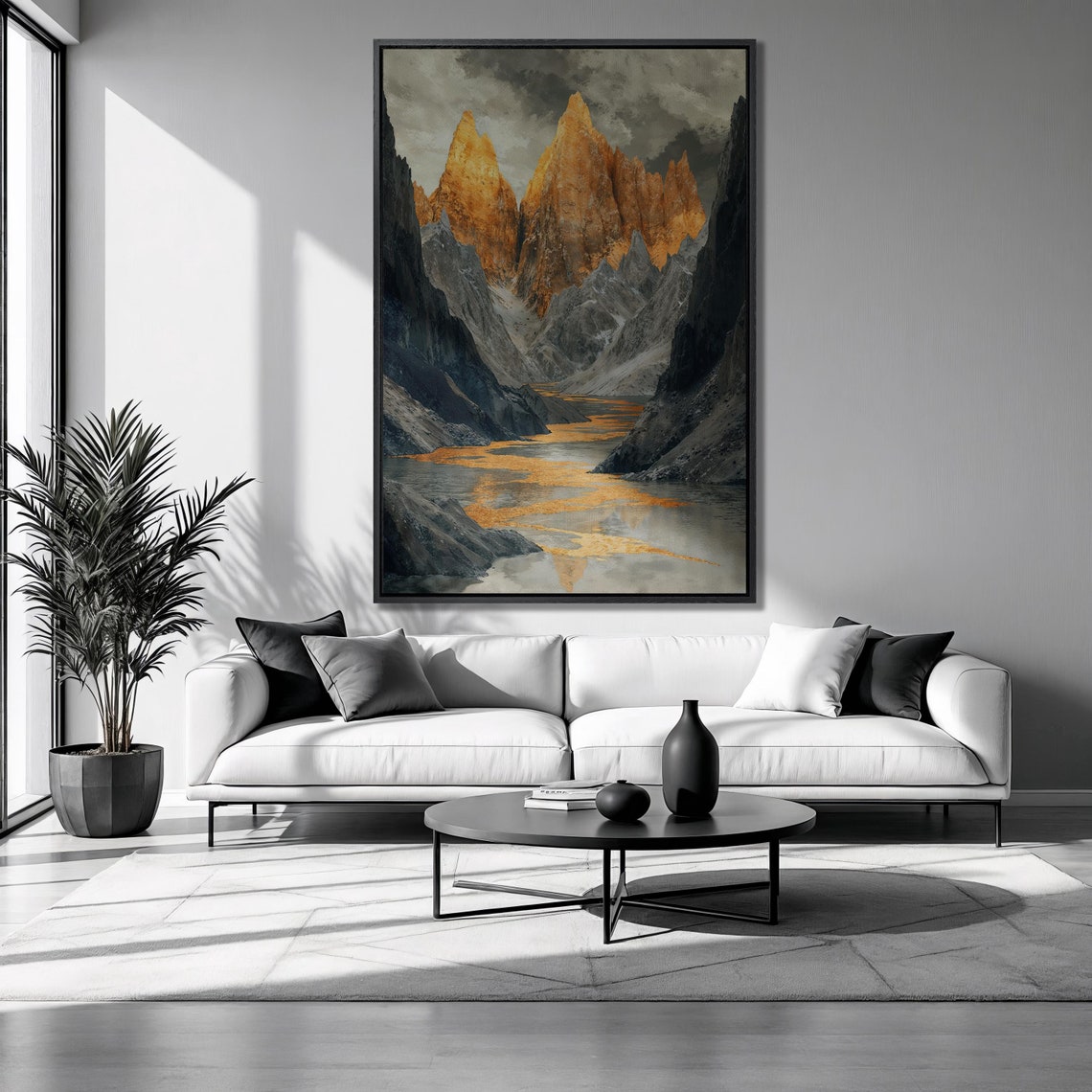 Golden River Valley Dramatic Mountain Peaks Stormy Sky Vertical Poster