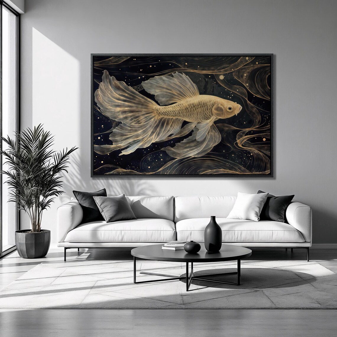 Golden Betta Fish Black Gold Swirling Mystical Aquatic Wall Art