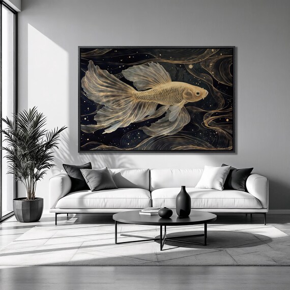 Golden Fish Framed Print Mystical Aquatic Luxury Art Abstract Waves Painting Print Fantasy Black And Gold Decor Ready To Hang