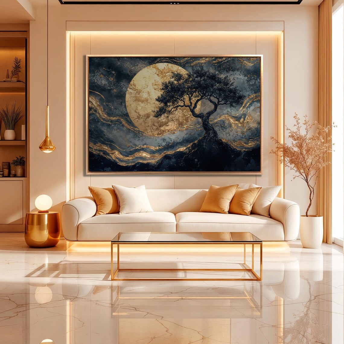 Surreal Tree Silhouette, Golden Moon Art Print