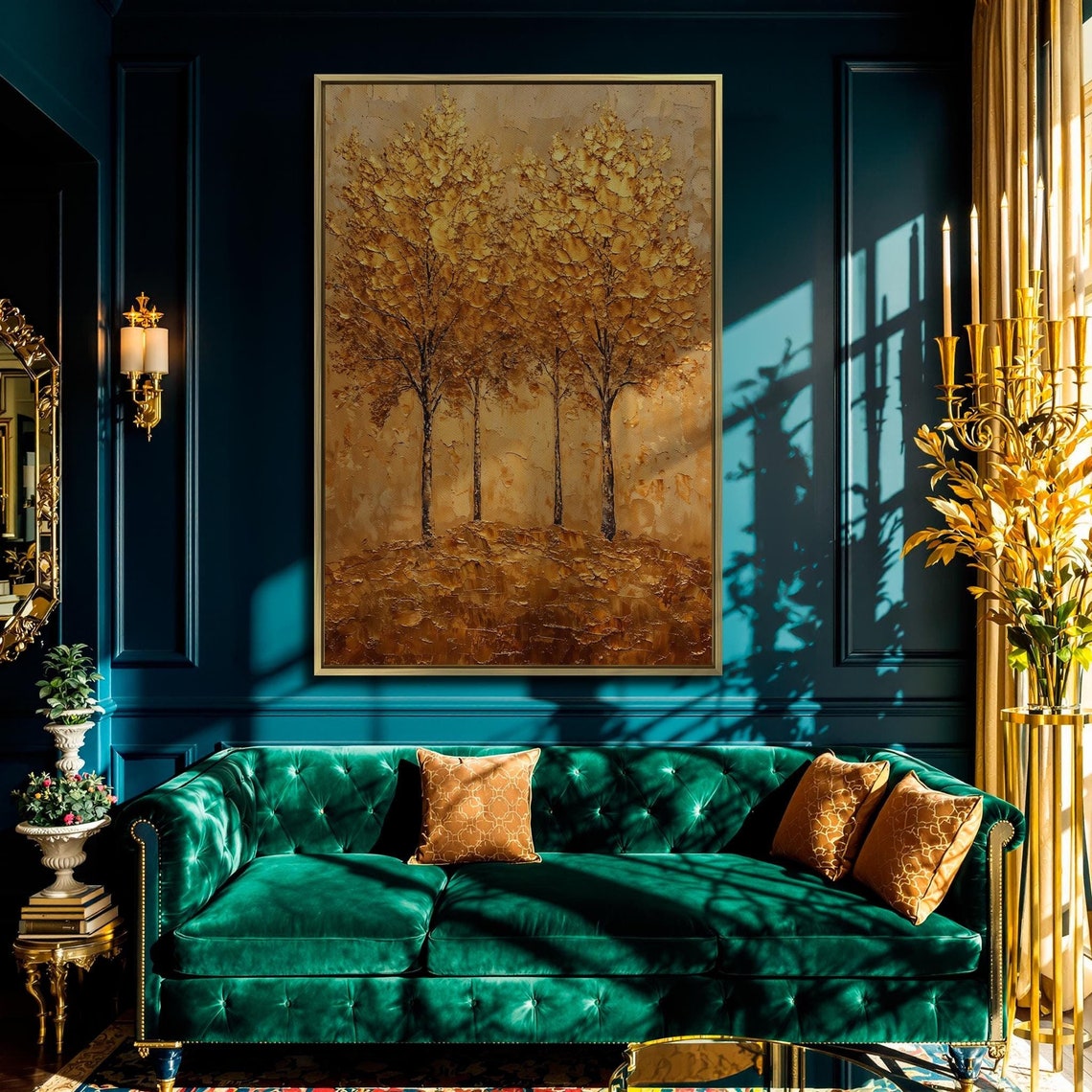 Golden Autumn Trees On Hill Impasto Gold Fall Forest Luxury Art Print